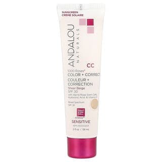 Andalou Naturals, 1000 Roses®，修飾校正膚色，適用於敏感皮膚，SPF 30，淺米黃，2 液量盎司（58 毫升）