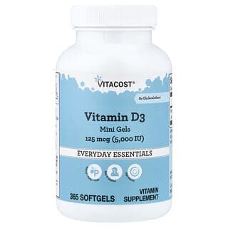 Vitacost, 維生素 D3 迷你軟膠囊，125 微克（5,000 國際單位），365 粒