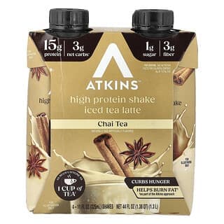 Atkins, 冰茶拿鐵蛋白質奶昔,印度茶,4 杯奶昔,每杯 11 液量盎司(325 毫升)