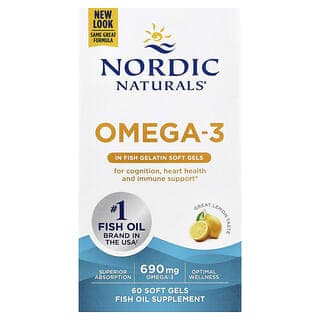 Nordic Naturals, Omega-3,檸檬味,60 粒軟膠囊(每粒軟膠囊 345 毫克)