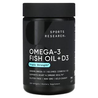 Sports Research, Omega-3 魚油 + D3,三倍功效,1040 毫克和 62.5 微克(2500 國際單位),120 粒軟膠囊